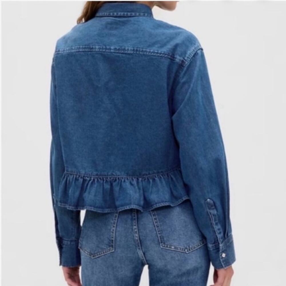 Gap Long Sleeve Poplin Peplum Top Womens Small Blue Cropped Ruffle Cotton 2025